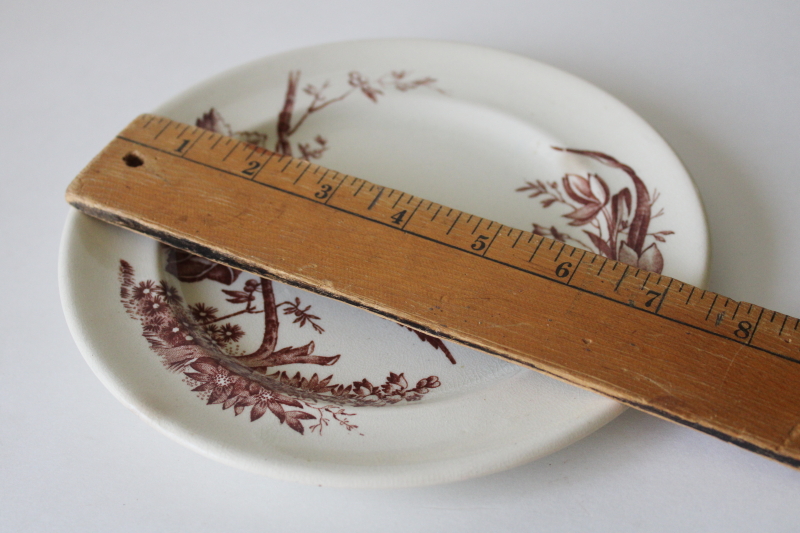 photo of Victorian aesthetic antique brown transferware plate, birds flying tree branches, beehive mark #6