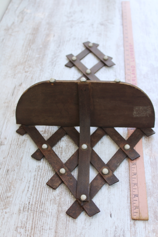 photo of Victorian antique Adirondack style whatnot shelf, handmade dark wood lattice wall hanging shelf  #2