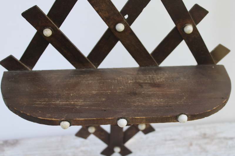 photo of Victorian antique Adirondack style whatnot shelf, handmade dark wood lattice wall hanging shelf  #6