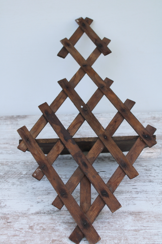 photo of Victorian antique Adirondack style whatnot shelf, handmade dark wood lattice wall hanging shelf  #7