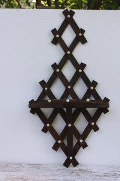catalog photo of Victorian antique Adirondack style whatnot shelf, handmade dark wood lattice wall hanging shelf 