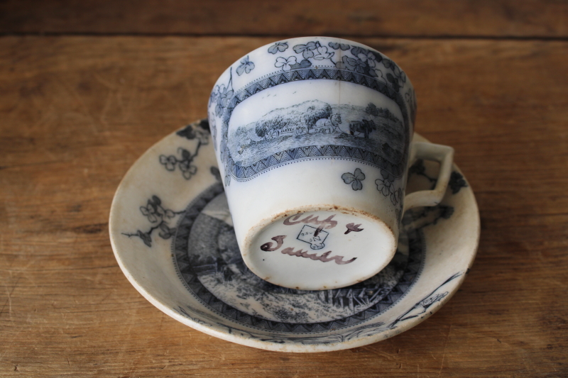 photo of Victorian antique Brownfield Woodlands blue birds transferware ironstone china, large tea cup  #2