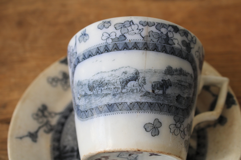 photo of Victorian antique Brownfield Woodlands blue birds transferware ironstone china, large tea cup  #3