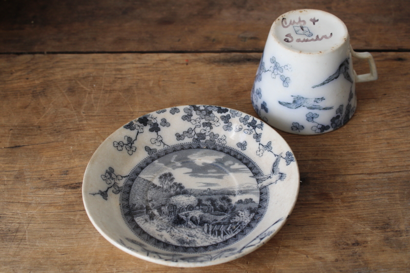 photo of Victorian antique Brownfield Woodlands blue birds transferware ironstone china, large tea cup  #4