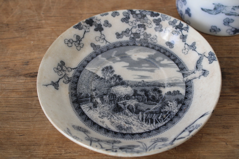 photo of Victorian antique Brownfield Woodlands blue birds transferware ironstone china, large tea cup  #5