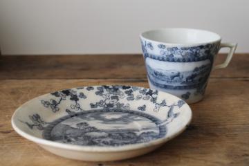 catalog photo of Victorian antique Brownfield Woodlands blue birds transferware ironstone china, large tea cup 