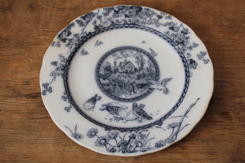photo of Victorian antique Brownfield Woodlands blue birds transferware plate, stained white ironstone china  #1