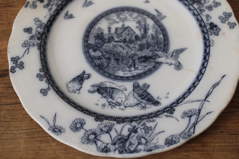 photo of Victorian antique Brownfield Woodlands blue birds transferware plate, stained white ironstone china #2