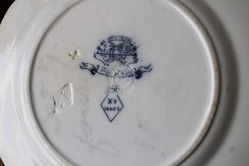 photo of Victorian antique Brownfield Woodlands blue birds transferware plate, stained white ironstone china #4