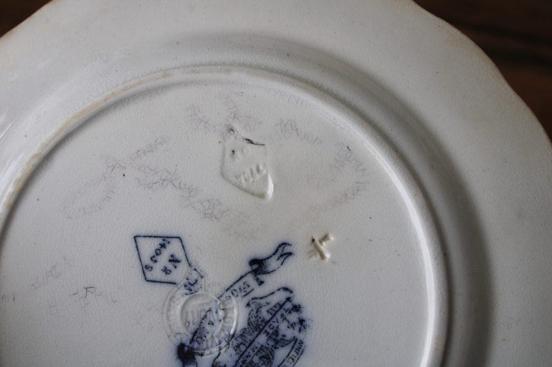 photo of Victorian antique Brownfield Woodlands blue birds transferware plate, stained white ironstone china #5