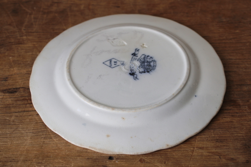 photo of Victorian antique Brownfield Woodlands blue birds transferware plate, stained white ironstone china #6