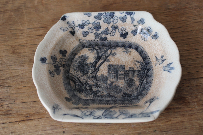 photo of Victorian antique Brownfield Woodlands blue transferware soap dish, stained white ironstone china  #1