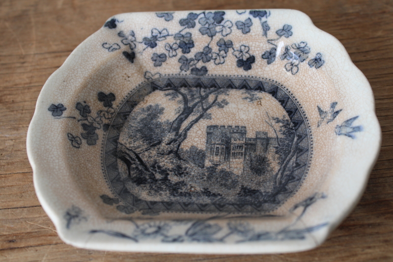 photo of Victorian antique Brownfield Woodlands blue transferware soap dish, stained white ironstone china #2