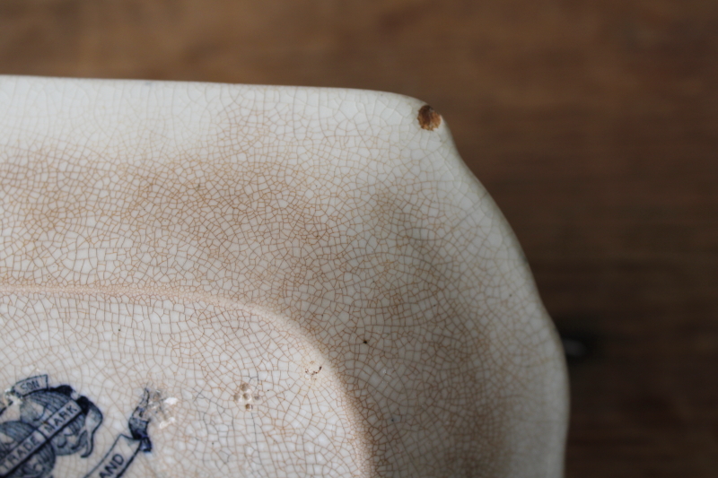 photo of Victorian antique Brownfield Woodlands blue transferware soap dish, stained white ironstone china #5