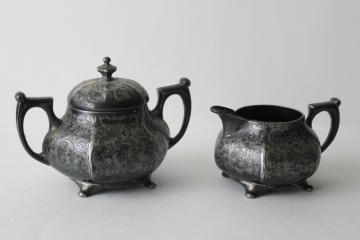 catalog photo of Victorian antique Moorish style scroll silver plate cream pitcher & sugar bowl set 