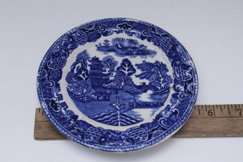 photo of Victorian antique blue willow pattern china, tiny butter plate mid 19th century vintage England #1