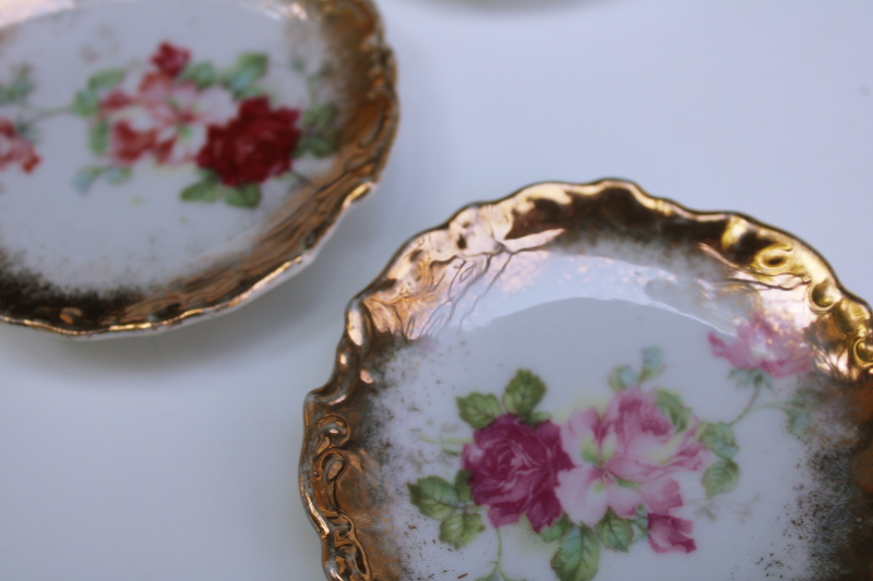 photo of Victorian antique butter pats, tiny china plates w/ pink roses floral & heavy gold  #2