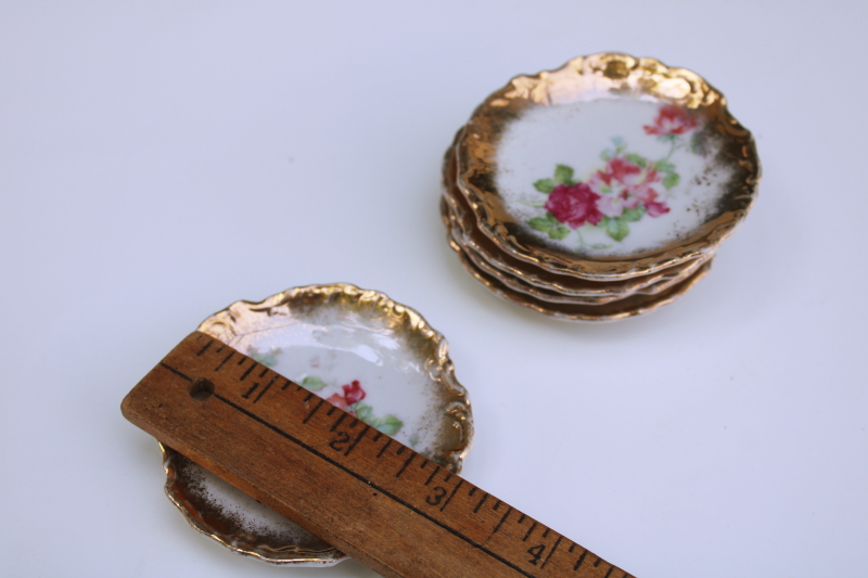 photo of Victorian antique butter pats, tiny china plates w/ pink roses floral & heavy gold  #4