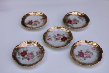 catalog photo of Victorian antique butter pats, tiny china plates w/ pink roses floral & heavy gold 