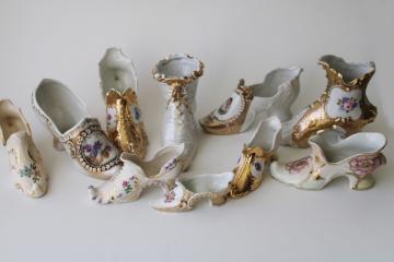 catalog photo of Victorian antique china boot & shoe collection, hand painted porcelain flowers & gold