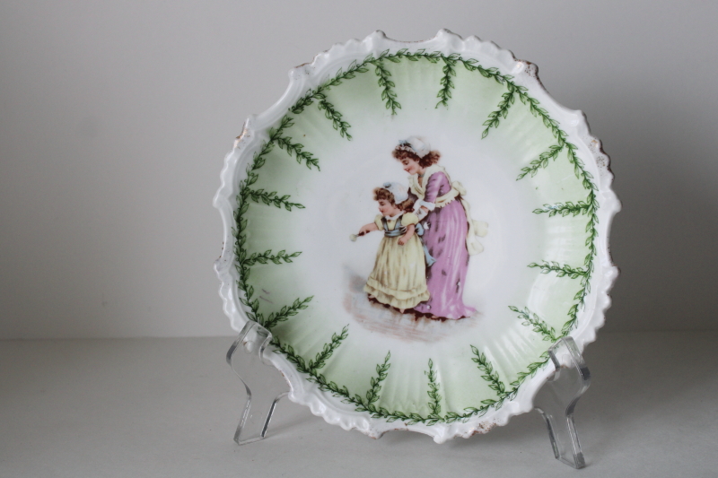 photo of Victorian antique china plate little girls in gowns & bonnets, big & little baby sisters  #1