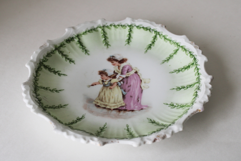 photo of Victorian antique china plate little girls in gowns & bonnets, big & little baby sisters  #2