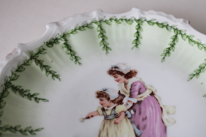 photo of Victorian antique china plate little girls in gowns & bonnets, big & little baby sisters  #3