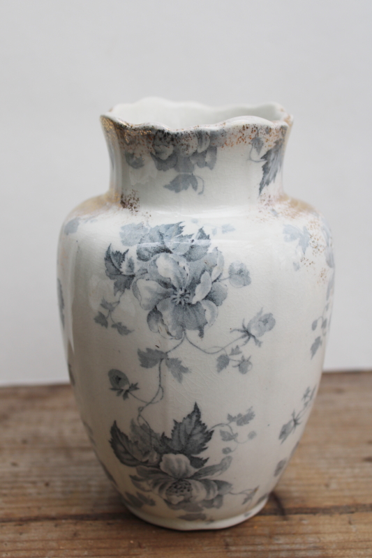 photo of Victorian antique china toothbrush vase, F Winkle & Co England Avon blue gray transferware floral #2