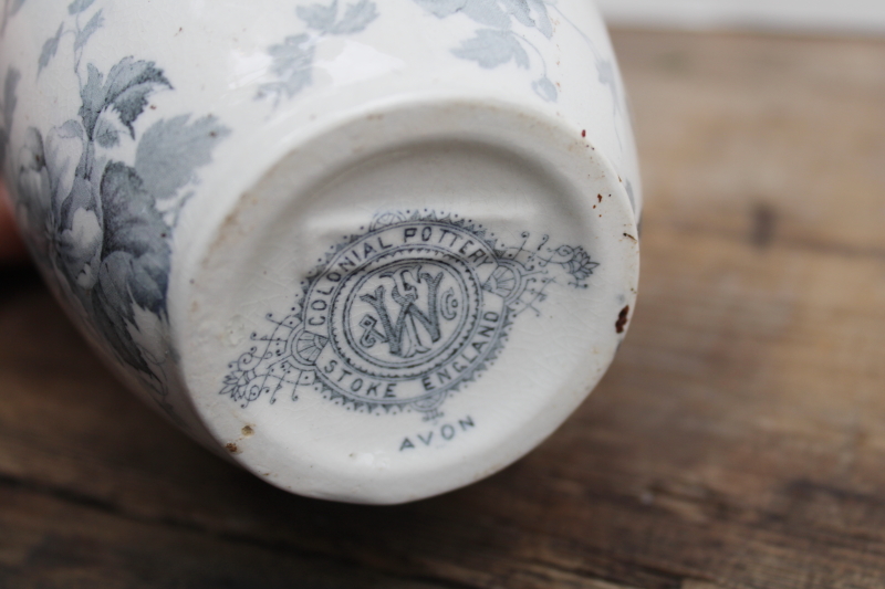 photo of Victorian antique china toothbrush vase, F Winkle & Co England Avon blue gray transferware floral #3