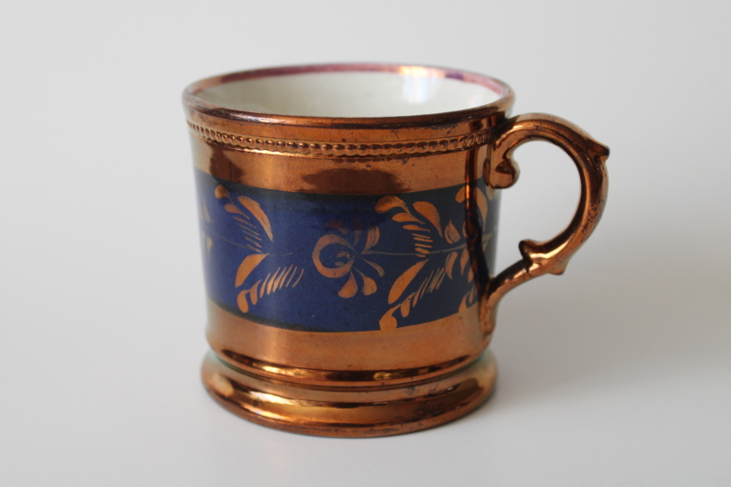 photo of Victorian antique copper & cobalt blue hand painted lusterware mug, 19th century vintage  #1