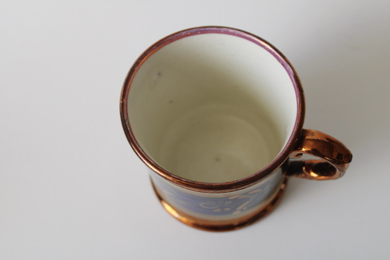 photo of Victorian antique copper & cobalt blue hand painted lusterware mug, 19th century vintage  #2