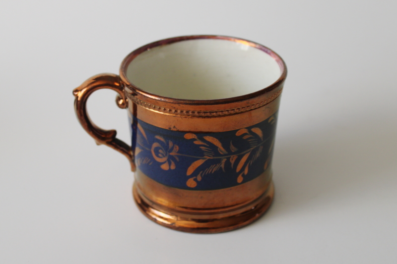 photo of Victorian antique copper & cobalt blue hand painted lusterware mug, 19th century vintage  #4