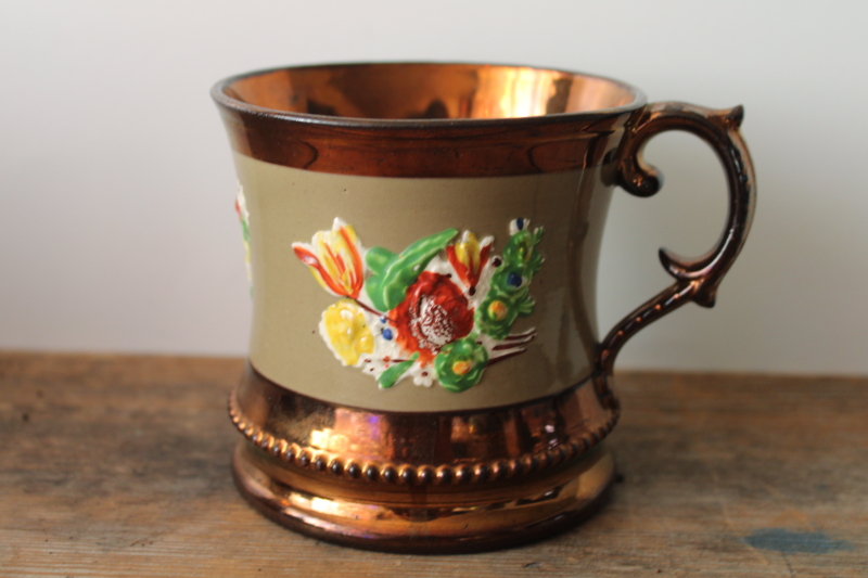 photo of Victorian antique copper lusterware mug w/ tulips relief design, 1800s vintage  #1