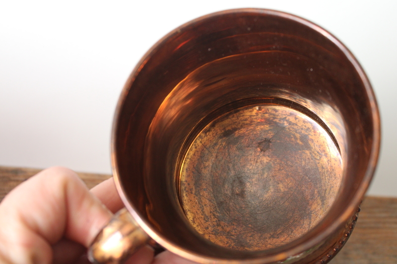 photo of Victorian antique copper lusterware mug w/ tulips relief design, 1800s vintage  #4