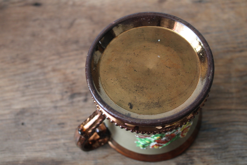 photo of Victorian antique copper lusterware mug w/ tulips relief design, 1800s vintage  #5