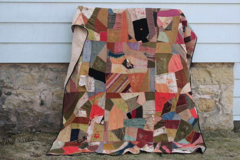 photo of Victorian antique crazy quilt w/ embroidery, shabby vintage wool & dress fabric patchwork #1