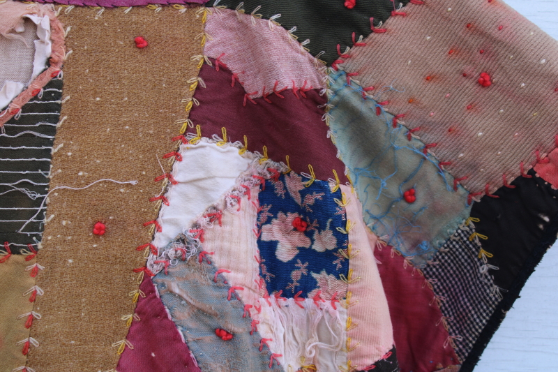 photo of Victorian antique crazy quilt w/ embroidery, shabby vintage wool & dress fabric patchwork #4