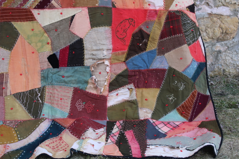 photo of Victorian antique crazy quilt w/ embroidery, shabby vintage wool & dress fabric patchwork #9