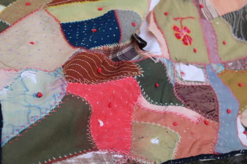 photo of Victorian antique crazy quilt w/ embroidery, shabby vintage wool & dress fabric patchwork #10