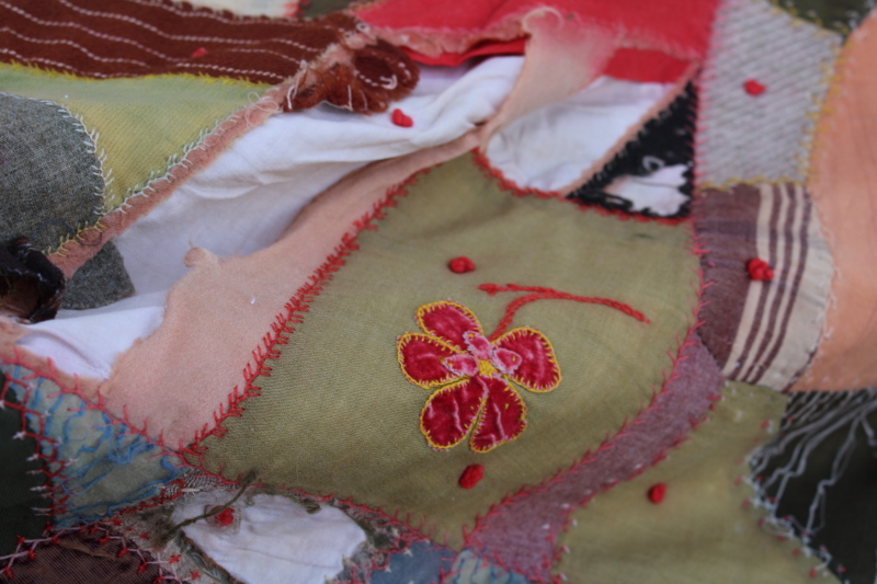 photo of Victorian antique crazy quilt w/ embroidery, shabby vintage wool & dress fabric patchwork #11