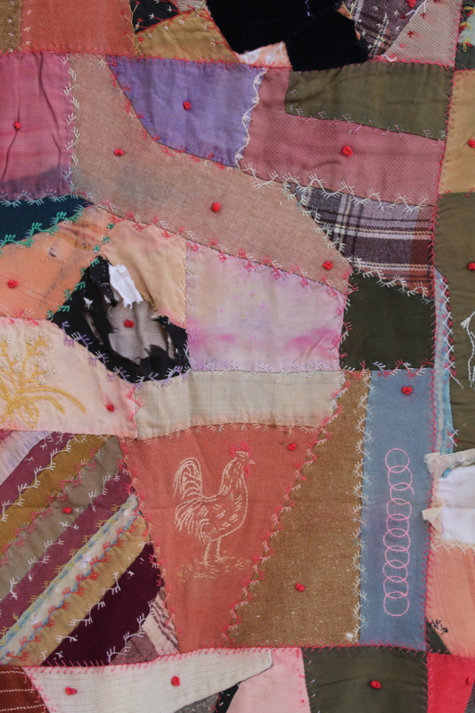 photo of Victorian antique crazy quilt w/ embroidery, shabby vintage wool & dress fabric patchwork #13