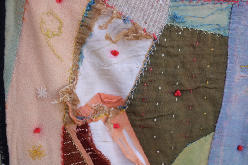 photo of Victorian antique crazy quilt w/ embroidery, shabby vintage wool & dress fabric patchwork #14