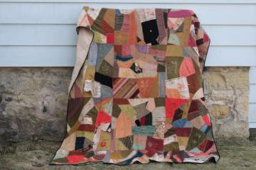 Victorian antique crazy quilt w/ embroidery, shabby vintage wool & dress fabric patchwork