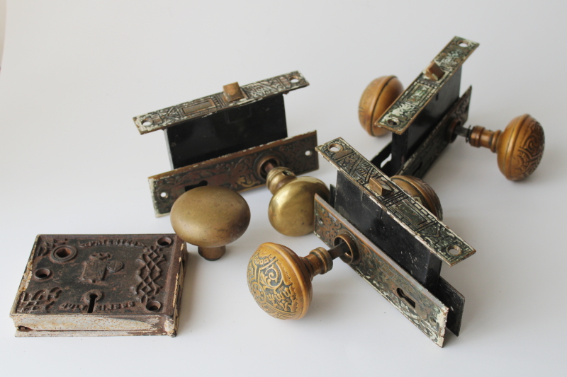 photo of Victorian antique door hardware lot, latch dated 1866, Eastlake escutcheons, brass doorknobs  #1