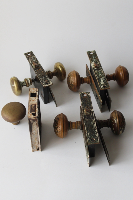 photo of Victorian antique door hardware lot, latch dated 1866, Eastlake escutcheons, brass doorknobs  #3