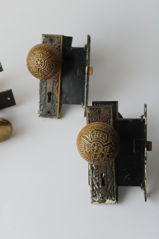 photo of Victorian antique door hardware lot, latch dated 1866, Eastlake escutcheons, brass doorknobs  #6