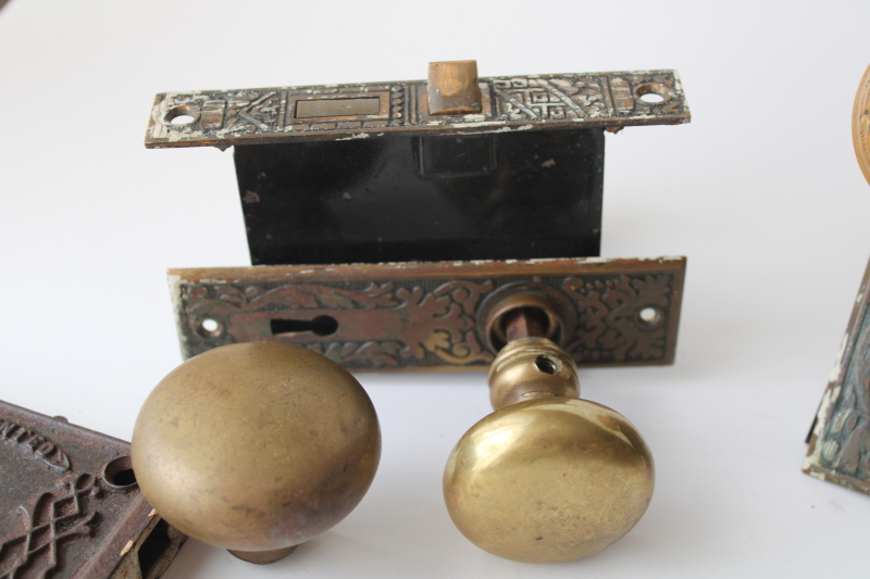 photo of Victorian antique door hardware lot, latch dated 1866, Eastlake escutcheons, brass doorknobs  #7