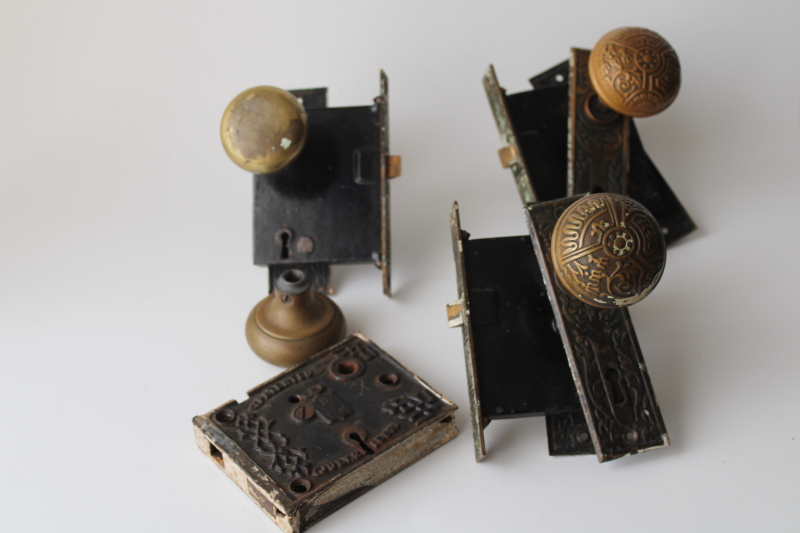 photo of Victorian antique door hardware lot, latch dated 1866, Eastlake escutcheons, brass doorknobs  #9