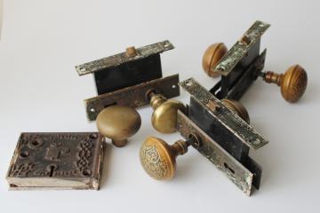 Victorian antique door hardware lot, latch dated 1866, Eastlake escutcheons, brass doorknobs 