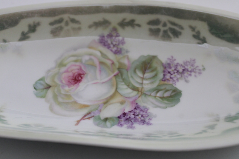 photo of Victorian antique floral china tray, lilacs & cabbage roses early 1900s vintage Germany #2